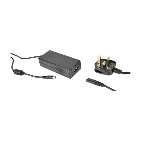 LYYT DC1260UK 12V hard-wired LED driver by AVSL with 1.2m output lead, centre-positive DC plug and detachable UK figure-8 mains cable on white.