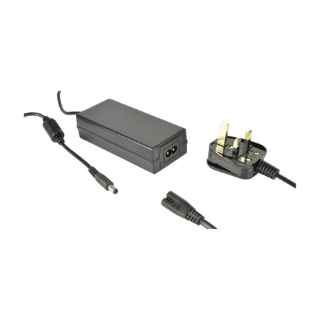 LYYT DC2472UK 24Vdc 3A in-line LED driver by AVSL, black sealed housing with fixed DC output lead, figure-8 mains socket and UK plug lead, on white.