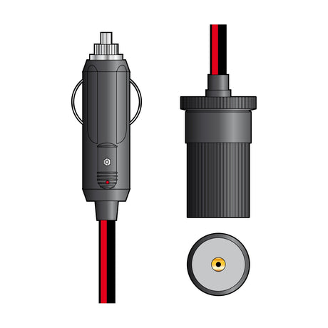 Mercury 12V DC cigar lighter extension lead by AVSL, showing the male plug with LED indicator and female socket end with red and black cables.