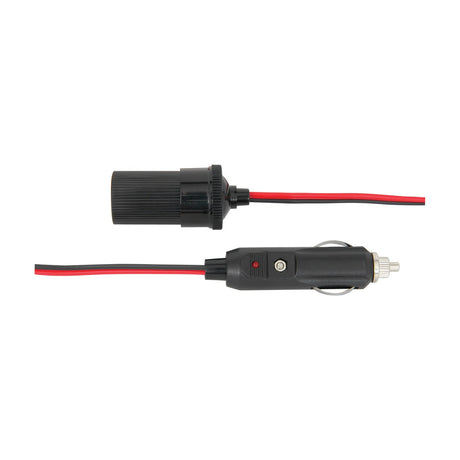 Mercury 12V DC cigar lighter extension lead by AVSL with male plug featuring LED indicator and female socket on red and black cables.