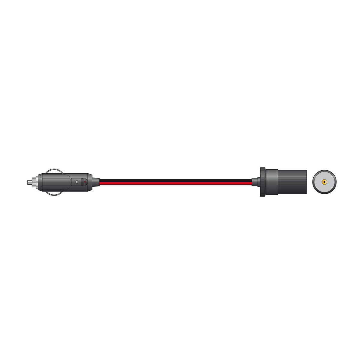 Mercury 12V DC cigar lighter extension lead by AVSL with red cable, male plug with LED indicator, and female socket shown on a white background.