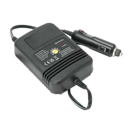 Mercury IC678 universal in-car DC/DC adaptor in black with rotary voltage selector, power LED and cigarette lighter plug, shown on a white background.