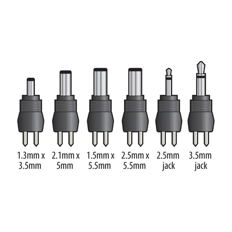Mercury IC678 in-car DC adaptor six interchangeable DC jack tips in 1.3x3.5mm, 2.1x5mm, 1.5x5.5mm, 2.5x5.5mm, 2.5mm and 3.5mm jacks.