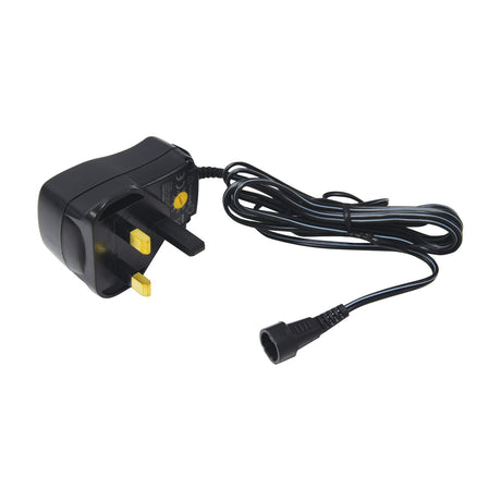 Mercury SMDC400UK switch-mode 12V power supply by AVSL with black casing, UK three-pin plug, yellow voltage dial, and coiled DC output cable.