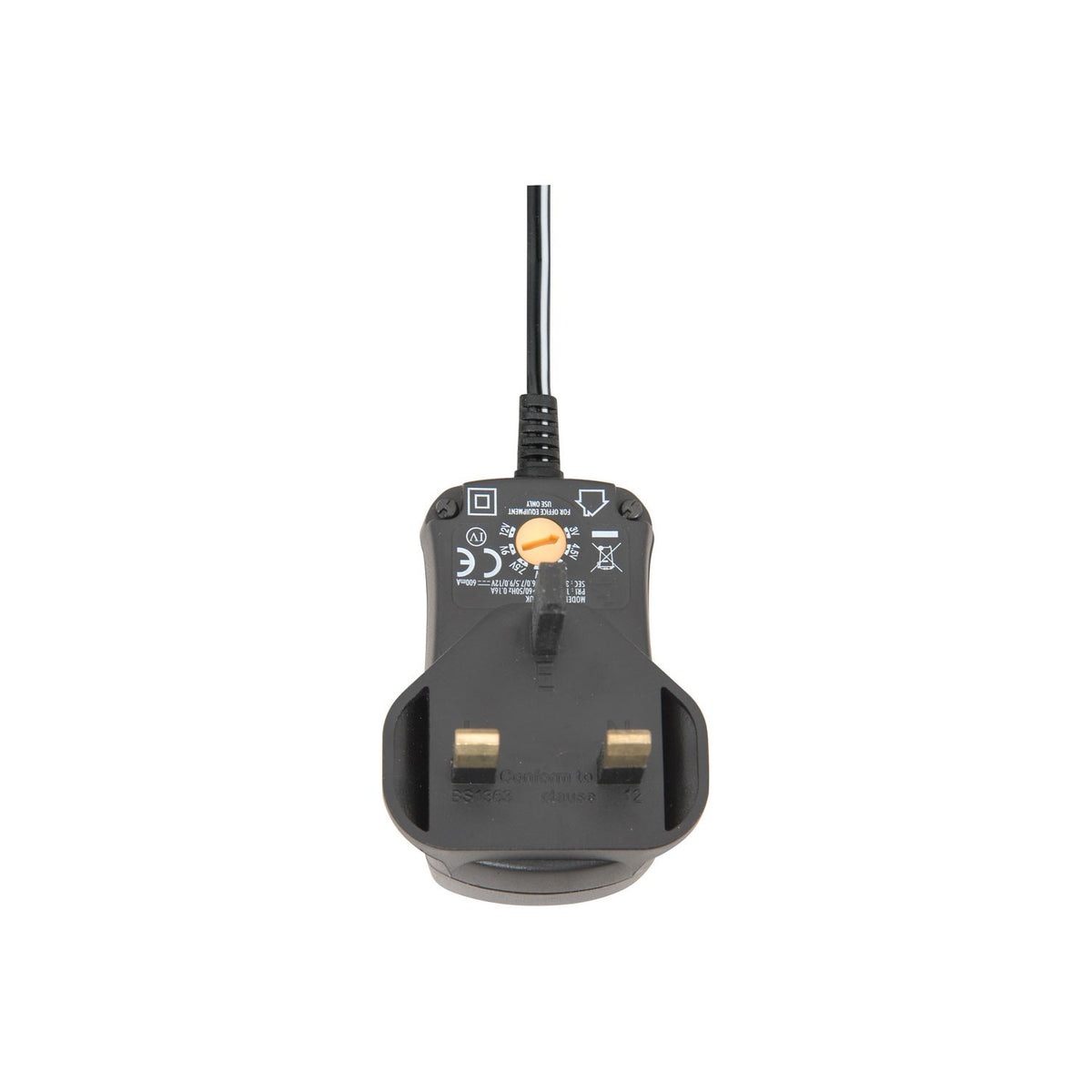 Rear view of the Mercury SMDC400UK switch-mode 12V power supply with UK three-pin plug, orange rotary voltage selector, and black casing.