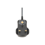 Rear view of the Mercury SMDC400UK switch-mode 12V power supply with UK three-pin plug, orange rotary voltage selector, and black casing.