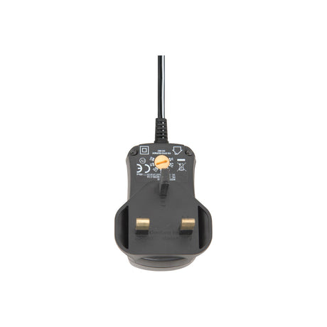 Rear view of the Mercury SMDC400UK switch-mode 12V power supply with UK three-pin plug, orange rotary voltage selector, and black casing.