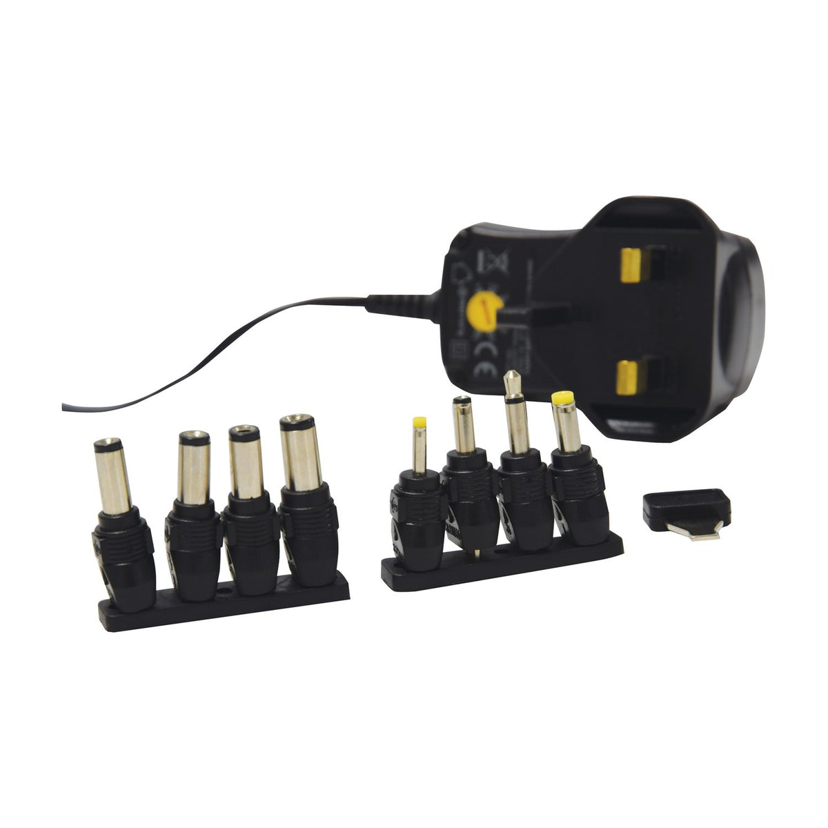 Mercury SMDC400UK switch-mode 12V power supply with UK three-pin plug, rotary voltage selector, and eight interchangeable DC barrel plugs on white.