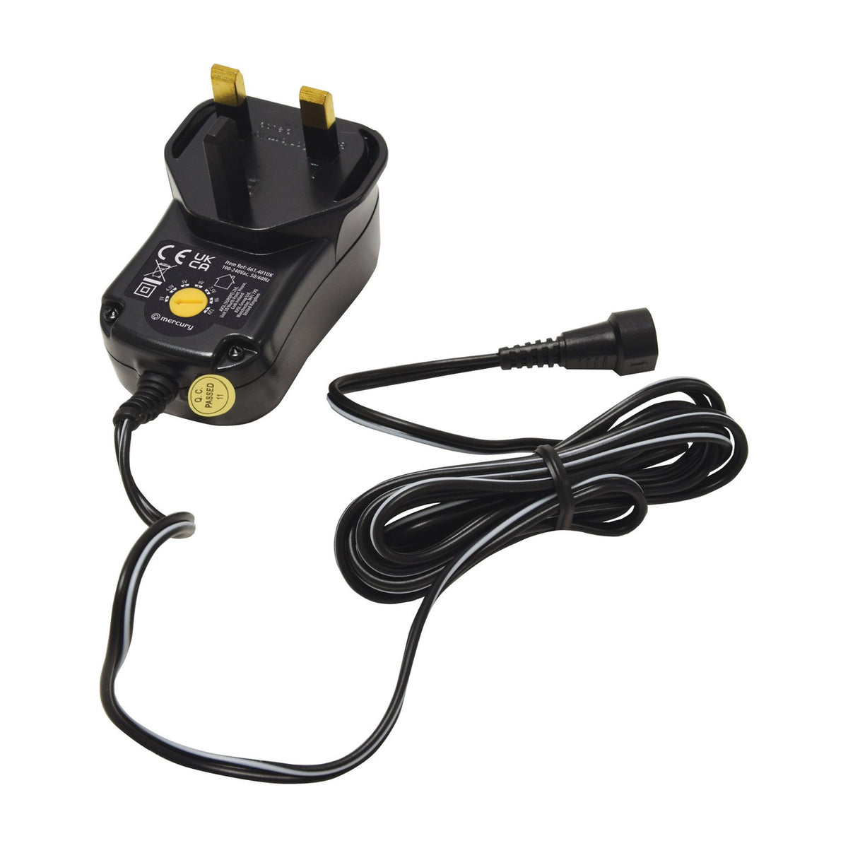 Mercury SMDC401UK 12W switch-mode power supply with UK plug, yellow voltage selector dial and coiled detachable DC cable on a white background.