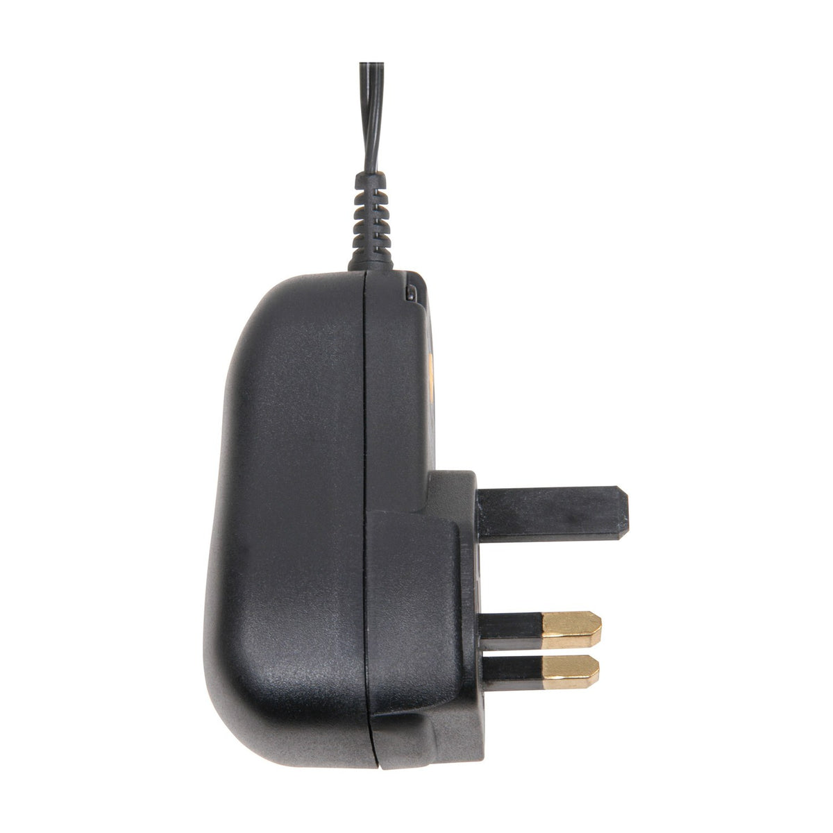 Side view of the Mercury SMDC401UK 12W switch-mode power supply in black, showing the moulded UK three-pin plug and cable exit on white.