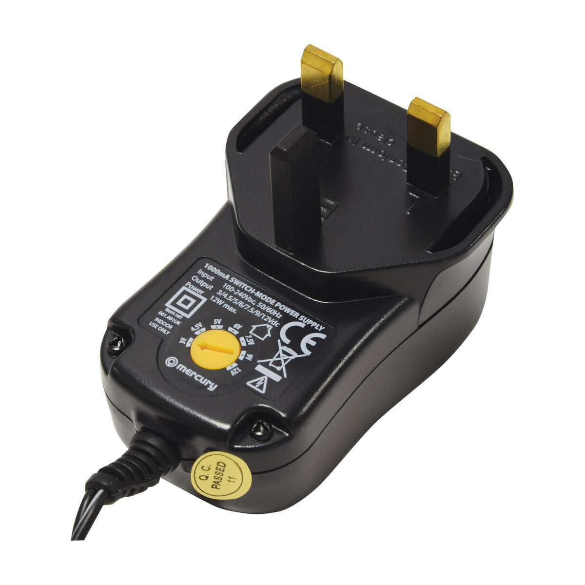 Mercury SMDC401UK 12W switch-mode power supply with folding UK plug, yellow voltage selector dial and attached DC cable, on a white background.