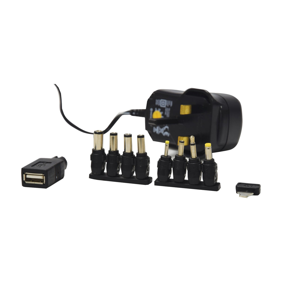 Mercury SMDC401UK 12W switch-mode power supply by AVSL with UK plug, voltage dial, eight DC barrel plugs and USB adaptor on a white background.