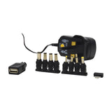 Mercury SMDC401UK 12W switch-mode power supply by AVSL with UK plug, voltage dial, eight DC barrel plugs and USB adaptor on a white background.