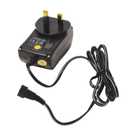 Mercury SMDC403UK 18W multi-voltage power supply by AVSL with UK plug, yellow voltage selector dial, and DC output lead on a white background.