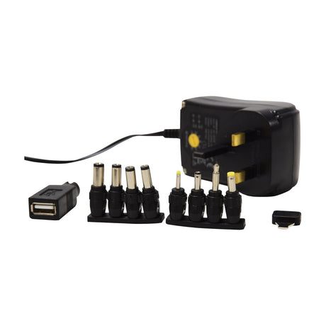 Mercury SMDC403UK 18W multi-voltage power supply with UK plug, voltage selector, eight DC barrel tips and USB adaptor on a white background.
