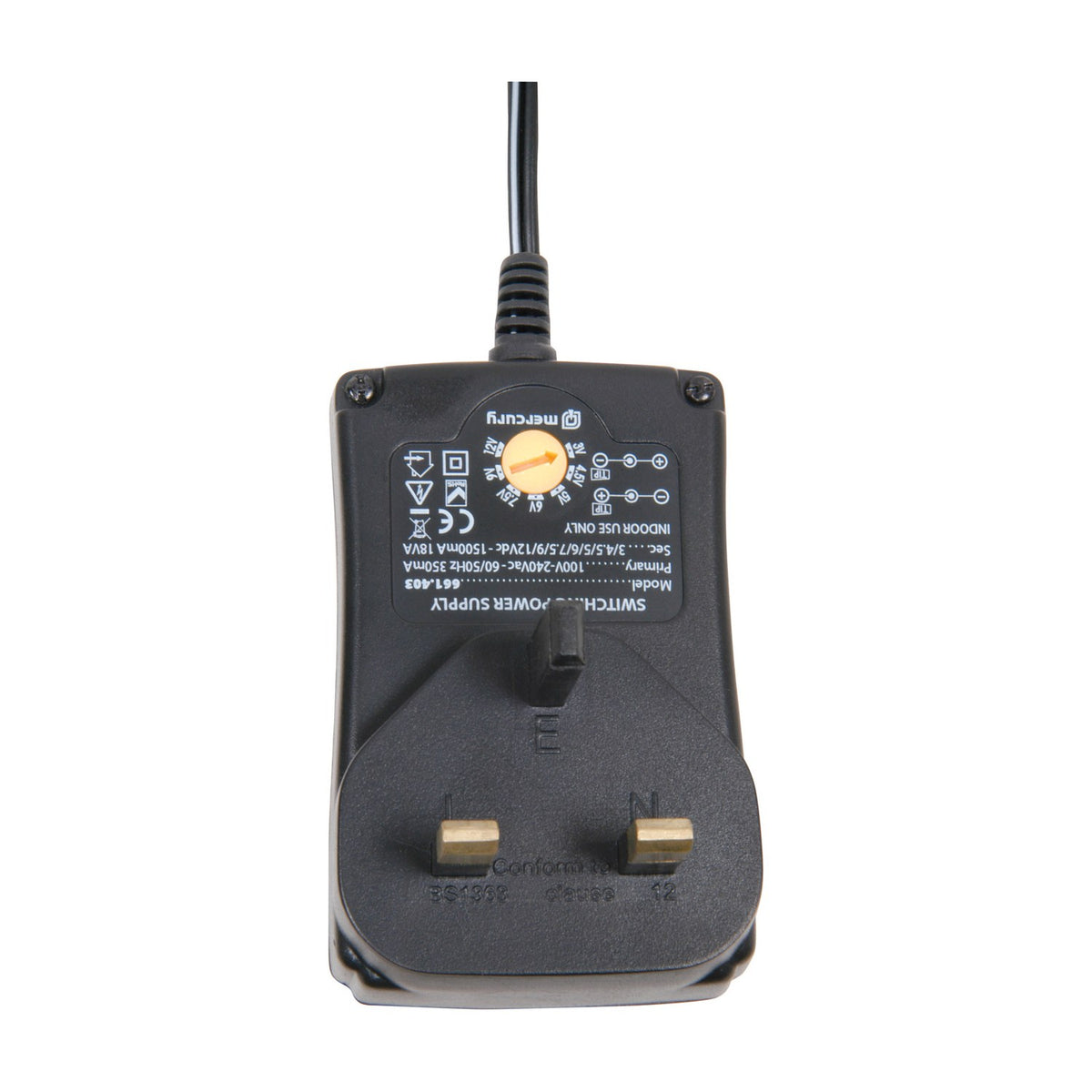 Mercury SMDC403UK 18W multi-voltage power supply in black, showing UK three-pin plug, rotary voltage selector dial, and rating label on a white background.
