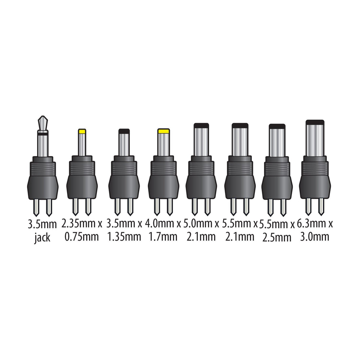 Eight interchangeable DC barrel plug adaptors from the Mercury SMDC403UK power supply set, labelled 3.5mm jack to 6.3 x 3.0mm, on white.