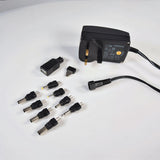 AVSL Mercury 27W switch-mode power supply with UK plug, voltage selector dial, eight interchangeable DC barrel tips and USB adaptor on a white background.