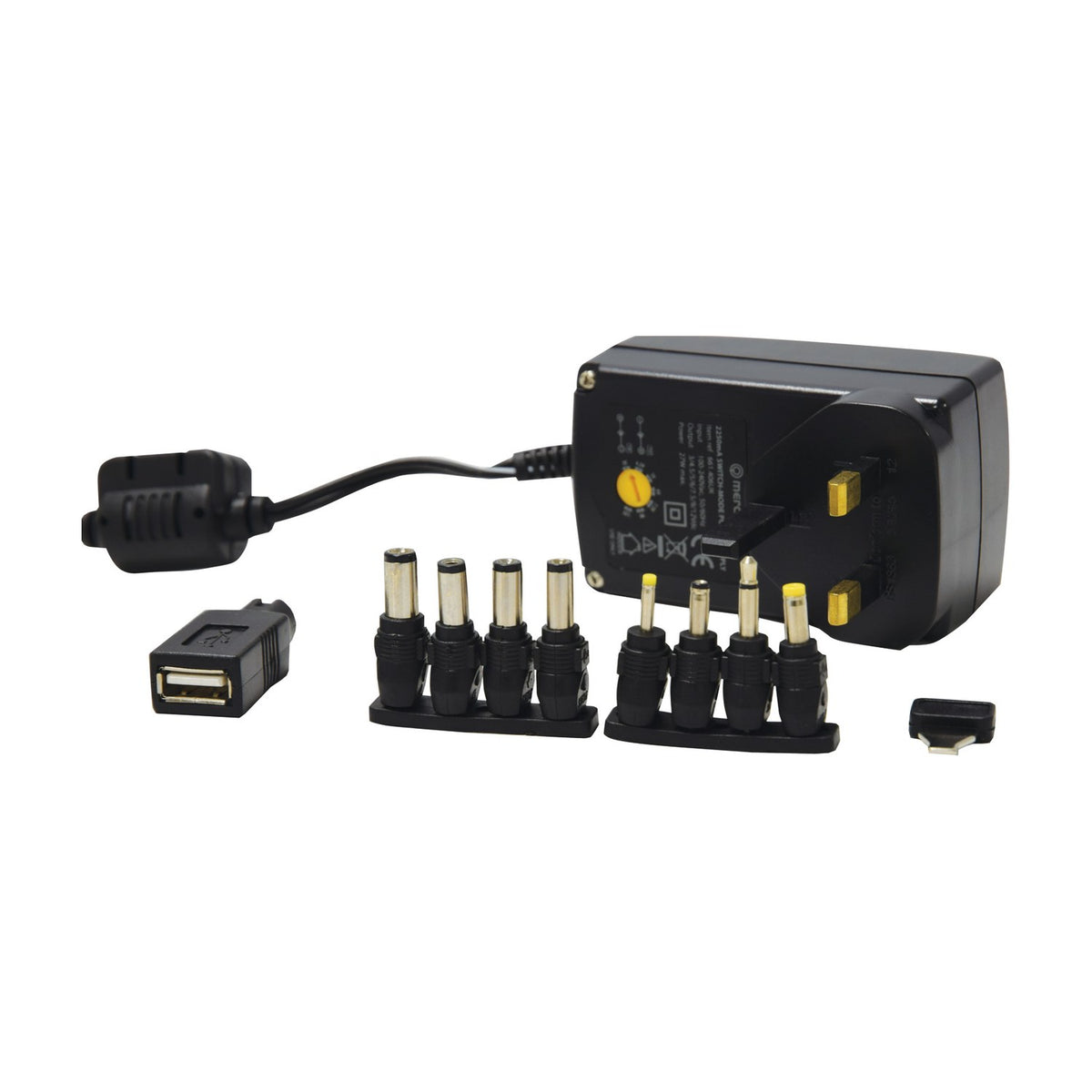 Mercury SMDC406UK 27W switch-mode power supply with UK plug, rotary voltage dial, USB adaptor and eight interchangeable DC barrel tips on a white background.