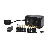 Mercury SMDC406UK 27W switch-mode power supply with UK plug, rotary voltage dial, USB adaptor and eight interchangeable DC barrel tips on a white background.