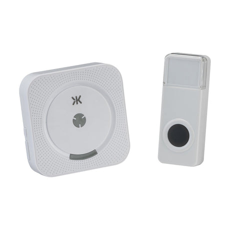 Introducing the Wireless Door Chime: a modern white set featuring a square chime unit with a circular speaker grill and a sleek, rectangular button. Designed with subtle texture details for easy installation, this battery-powered doorbell guarantees hassle-free operation.