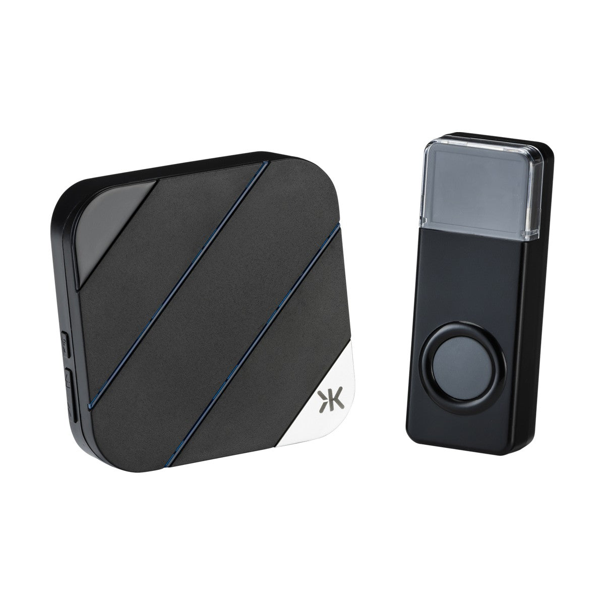 Introducing the Plug-In Wireless Doorbell - Black, a sophisticated door chime system. It includes a sleek square receiver with diagonal line detailing that plugs in easily, complemented by a modern push button transmitter. Both components feature subtle blue accents and incorporate a visual alert for enhanced performance.