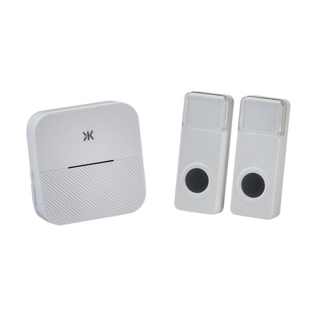 Introducing the Plug-In Wireless Dual Entrance Doorbell in white, featuring a sleek design with a plug-in receiver and two button units. The receiver includes a speaker grille for enhanced audio clarity and provides a visual alert as well. Each button unit boasts an elegant appearance with its circular design and transparent top section.