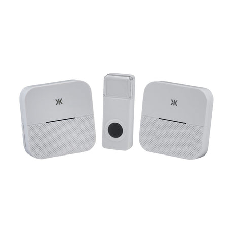 Introducing the Plug-In Wireless Dual Receiver Doorbell in White: This kit includes two plug-in receivers with perforated speaker sections and a rectangular doorbell button. Each receiver features a minimalist logo on top, ensuring seamless integration and visual alerts for added convenience.