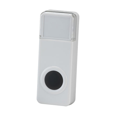 The Wireless Bell Push - White is a rectangular electronic device made from durable polycarbonate, featuring a small black circular button near the bottom and a translucent rectangular panel on top. It is battery-powered, IP55 rated, and functions as a doorbell or alert device.