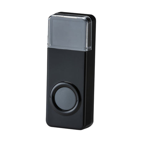 Introducing the Wireless Bell Push - Black, a sleek and modern electronic device with a rectangular design. It features a round button near the bottom and is encased in durable polycarbonate. The top boasts a transparent cover, and the device is IP55 rated for enhanced protection.