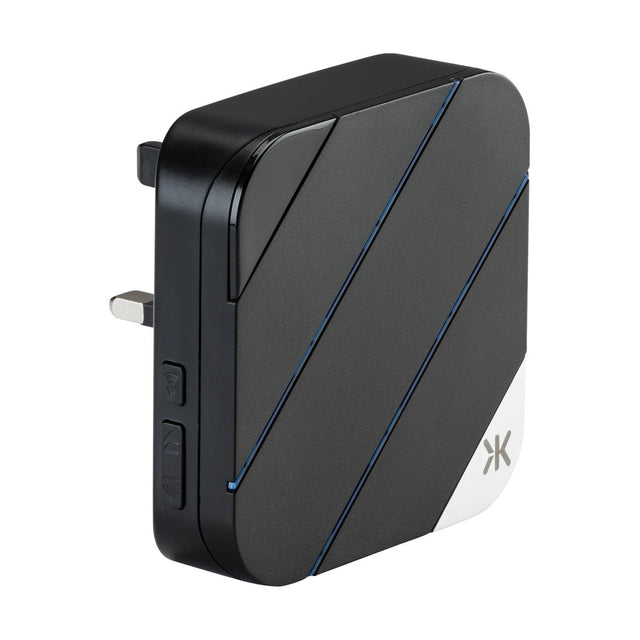 The Plug-In Wireless Extender - Black is a stylish wall charger characterized by its sleek black design with blue diagonal lines and a small white section in the corner. It features a 230V plug-in receiver and comes equipped with a UK-style plug, as well as side buttons for easy integration into any door chime system.