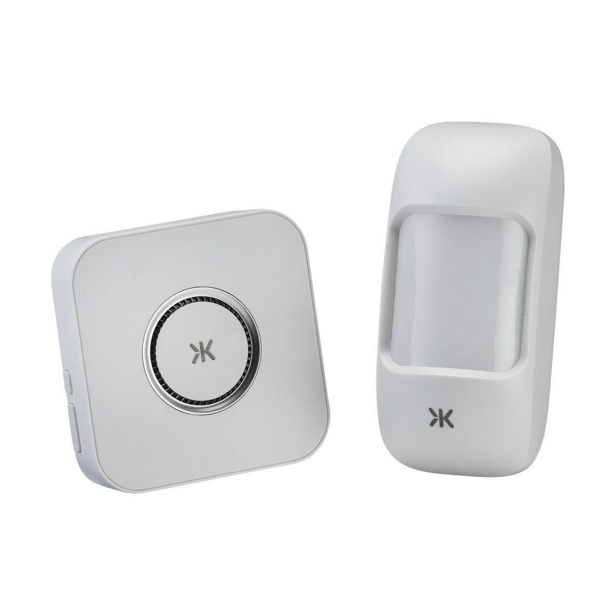 The Plug-In Wireless Motion Activated Chime System is a compact, white home security sensor ensemble that includes a square hub and a rectangular motion detector. Featuring a minimalist design adorned with a stylized K logo, both devices are further enhanced by an integrated visual alert to ensure added safety.