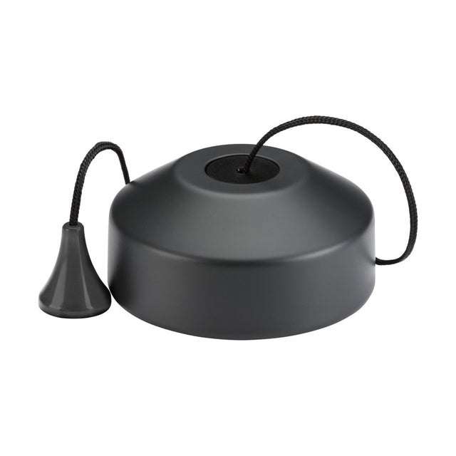 A round, dark gray hanging light called the 10AX 2-Way Pull Cord Switch in anthracite showcases a minimalist design with a black braided cord and a conical counterweight. It features a smooth matte finish and simple geometric lines, resembling an elegant bathroom pull switch against a white backdrop.