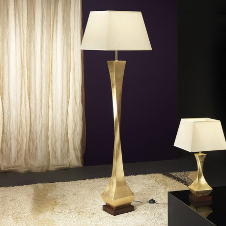 Deco Wood Floor Lamp shown lit in a living room