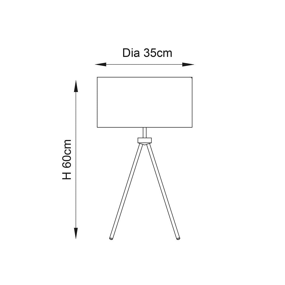 Dimensions diagram of the Endon Cranwell tripod table lamp showing 60cm height and 35cm shade diameter on a plain white background.