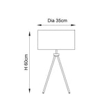 Dimensions diagram of the Endon Cranwell tripod table lamp showing 60cm height and 35cm shade diameter on a plain white background.