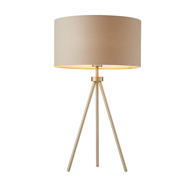 Endon Cranwell tripod table lamp with three splayed matt nickel steel legs and a wide grey linen-effect drum shade, shown on a white background.