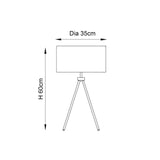Dimension diagram of the Endon Cranwell tripod table lamp showing 60cm height and 35cm shade diameter on a white background.