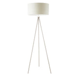 Endon Cranwell tripod floor lamp with three slim splayed nickel legs and a wide ivory linen-effect drum shade, shown on a plain white background.