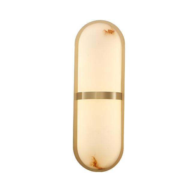 The Zantari LED Cylinder Alabaster Wall Light features a capsule shape, soft white illumination, brushed brass center band, and subtle brown marbling, all mounted on a plain white background for a modern, clean look.