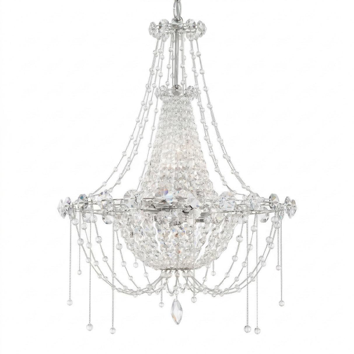 The Amara 6 Light K9 Crystal Small Chandelier in chrome features multiple clear crystal strands and pendants, offering a sparkling, elegant look with contemporary glamour.