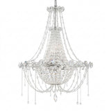 The Amara 6 Light K9 Crystal Small Chandelier in chrome features multiple clear crystal strands and pendants, offering a sparkling, elegant look with contemporary glamour.