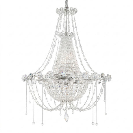 The Amara 6 Light K9 Crystal Small Chandelier in chrome features multiple clear crystal strands and pendants, offering a sparkling, elegant look with contemporary glamour.
