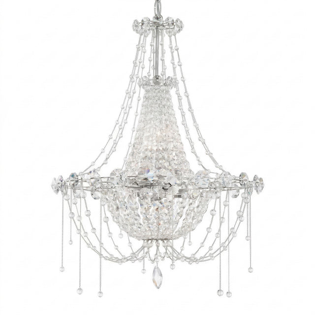 The Amara 6 Light K9 Crystal Small Chandelier in chrome features multiple clear crystal strands and pendants, offering a sparkling, elegant look with contemporary glamour.