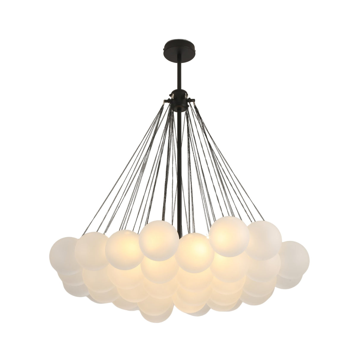 Niori Orb 37 Light Cluster Chandelier in black with frosted glass globes suspended on fine chains from a matt black rod and ceiling rose.