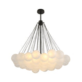 Niori Orb 37 Light Cluster Chandelier in black with frosted glass globes suspended on fine chains from a matt black rod and ceiling rose.