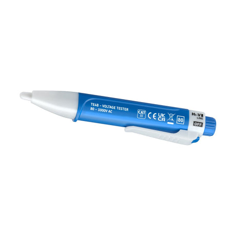 The CAT III 80-1000V AC Non-Contact Voltage Tester, a blue and white voltage tester pen, features light indication for safely detecting electrical currents. It includes a clip, sound indication, and is certified for overvoltage category CAT III. A switch is labeled Hi-V and Off.