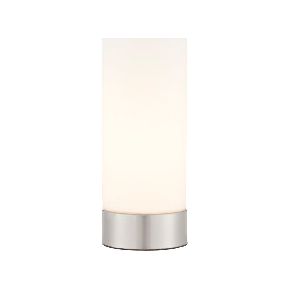 Endon Bracewell compact table lamp with brushed nickel base and matt opal glass cylindrical shade, shown against a plain white background.