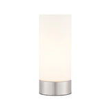 Endon Bracewell compact table lamp with brushed nickel base and matt opal glass cylindrical shade, shown against a plain white background.