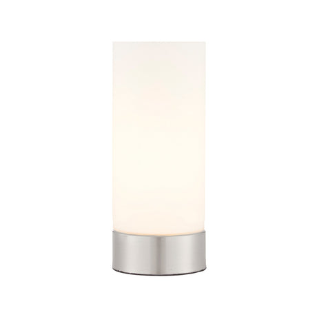 Endon Bracewell compact table lamp with brushed nickel base and matt opal glass cylindrical shade, shown against a plain white background.